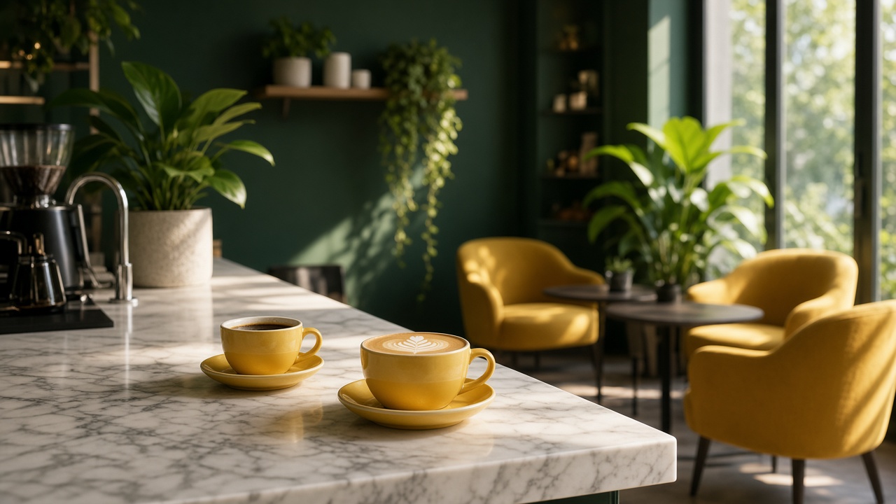 Interior coffee shop dengan dinding hijau, kursi kuning, dan dua cangkir kopi di meja marmer.