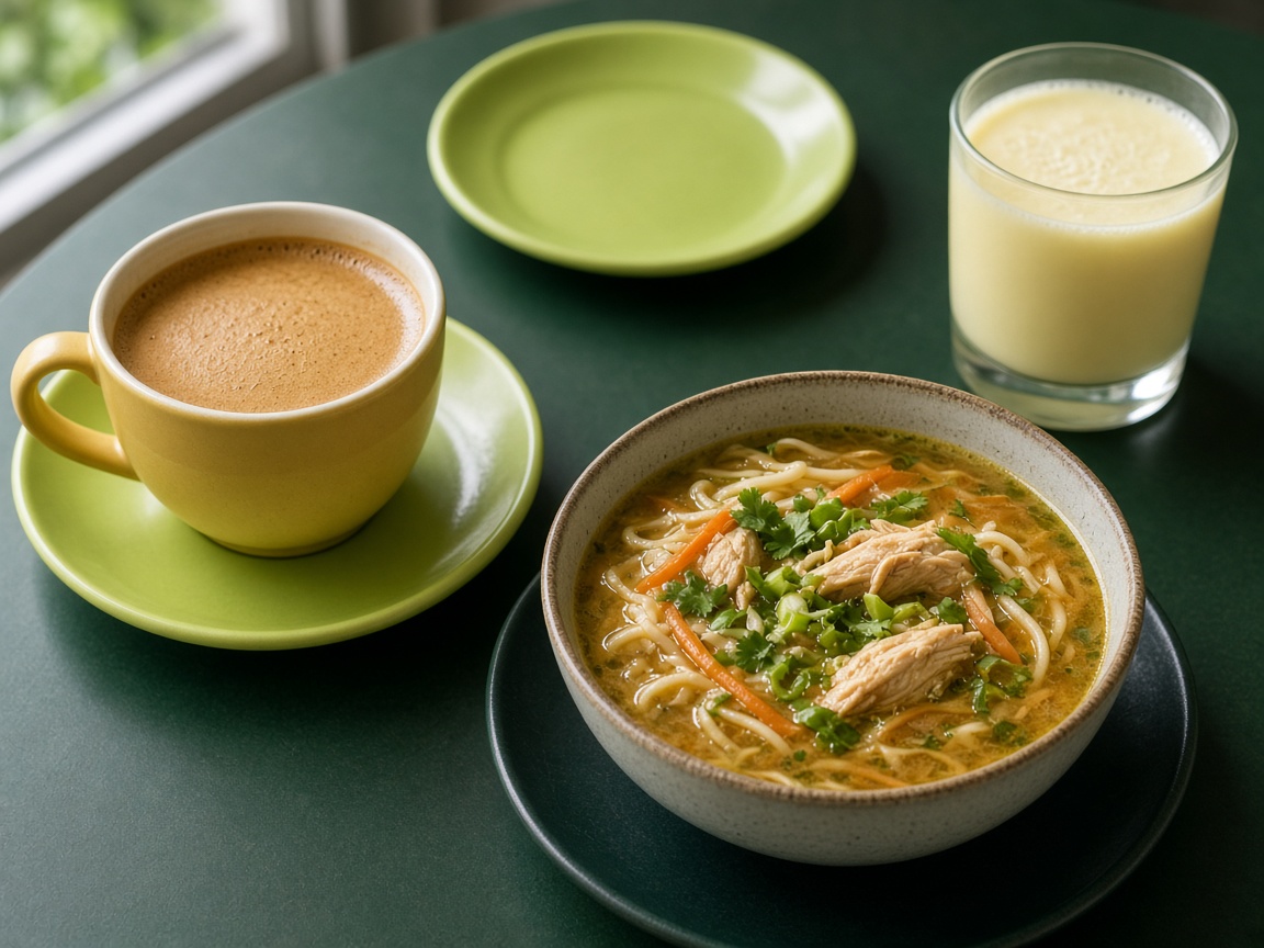 Kopi spesial, bakmi ayam, dan minuman yoghurt di meja hijau.
