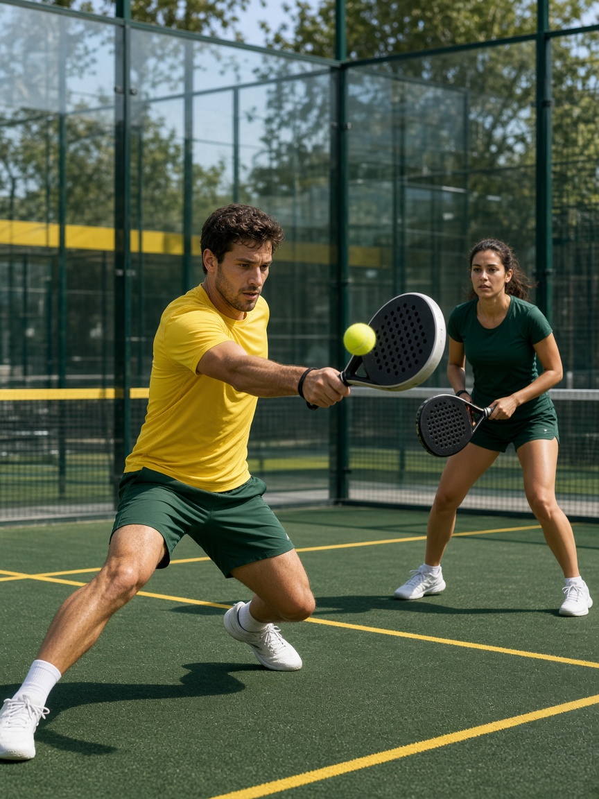Dua orang dewasa sedang bermain padel di lapangan berdinding kaca.